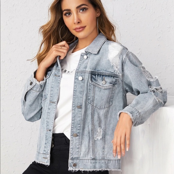 SHEIN Blue Ripped Denim Jacket - Picture 5 of 9